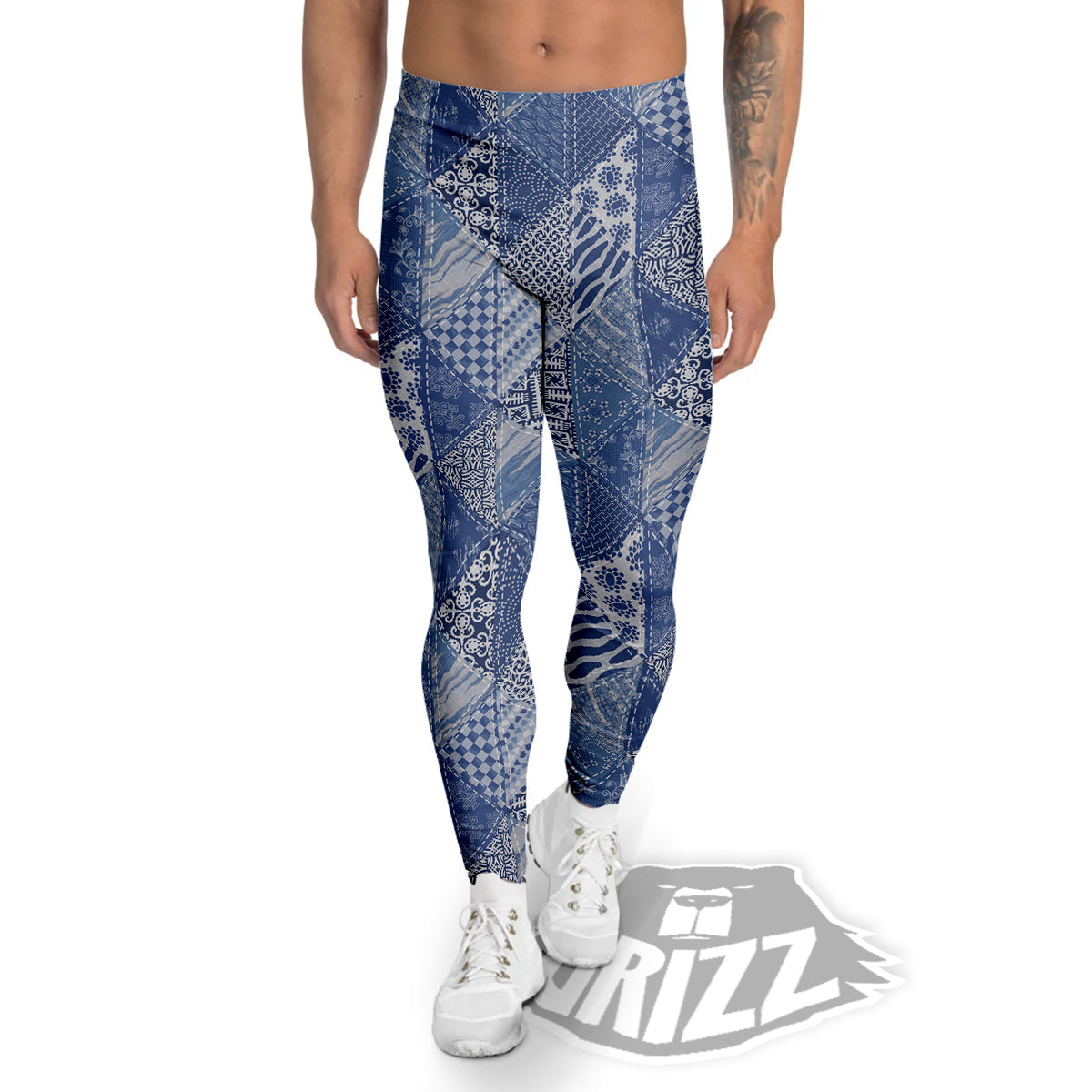 Patchwork Blue Denim Print Pattern Men's Leggings-grizzshop