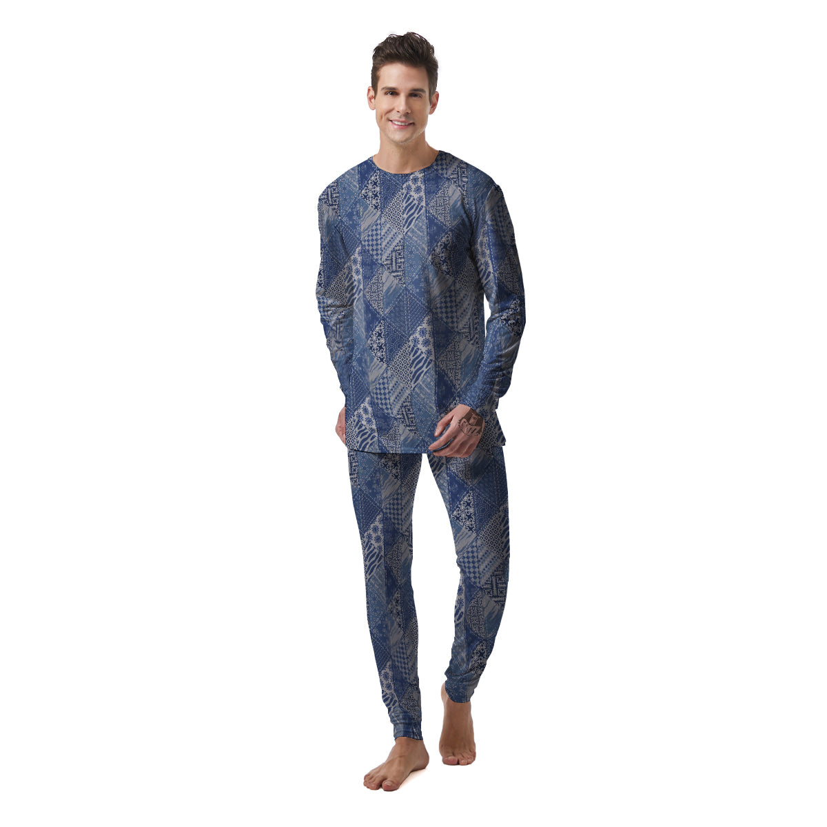 Patchwork Blue Denim Print Pattern Men's Pajamas-grizzshop
