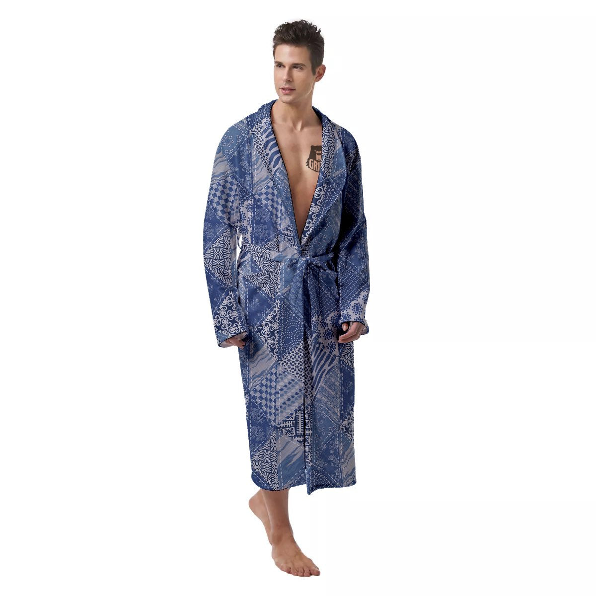 Patchwork Blue Denim Print Pattern Men's Robe-grizzshop