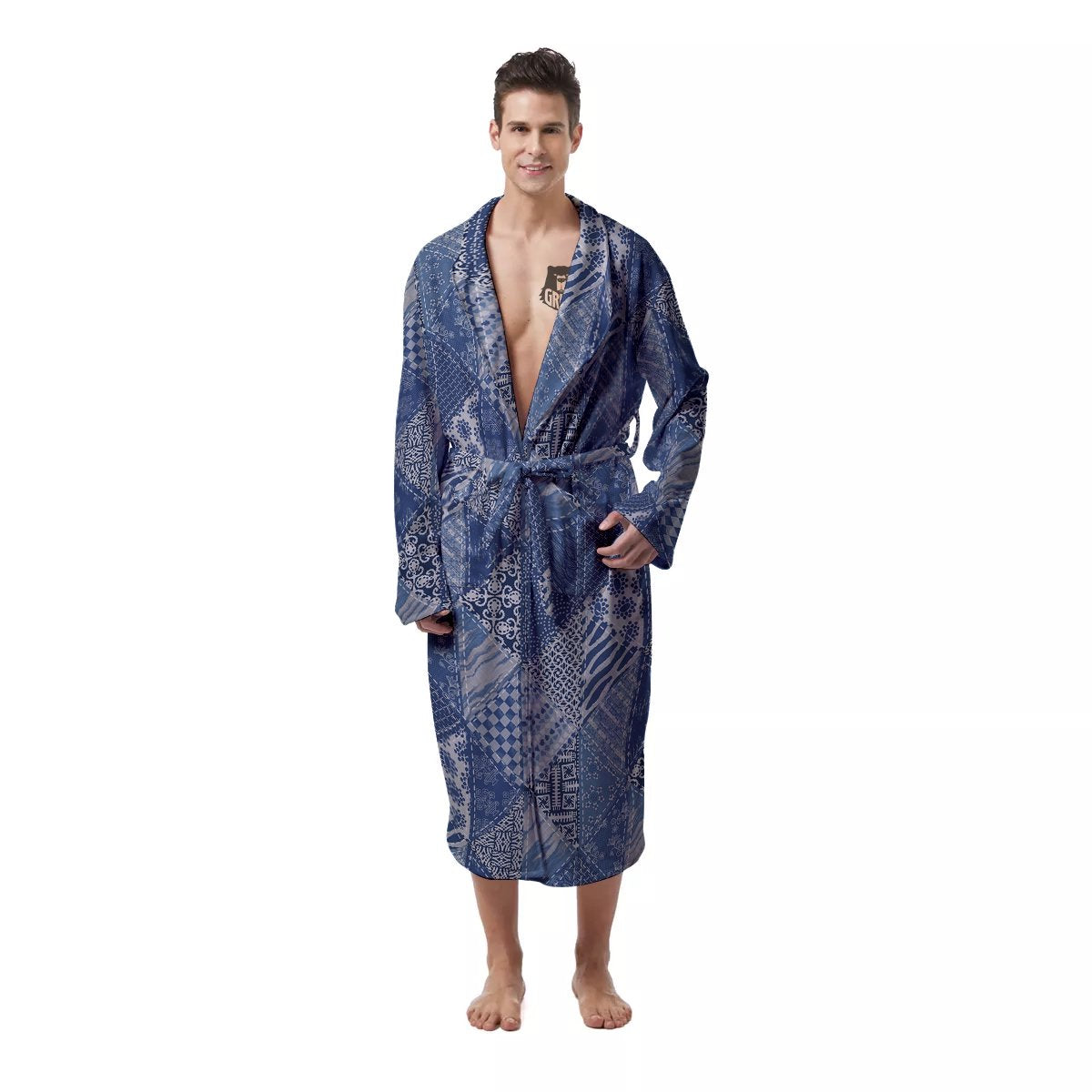 Patchwork Blue Denim Print Pattern Men's Robe-grizzshop