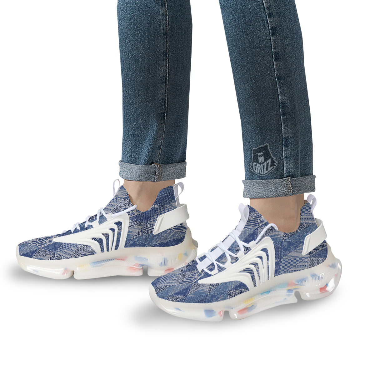 Patchwork Blue Denim Print Pattern White Gym Shoes-grizzshop