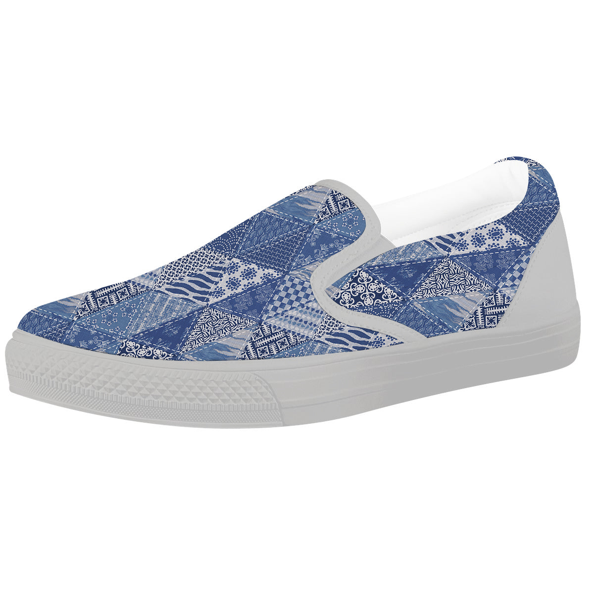 Patchwork Blue Denim Print Pattern White Slip On Shoes-grizzshop