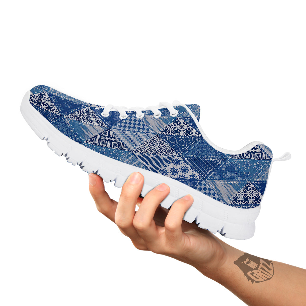 Patchwork Blue Denim Print Pattern White Sneaker-grizzshop