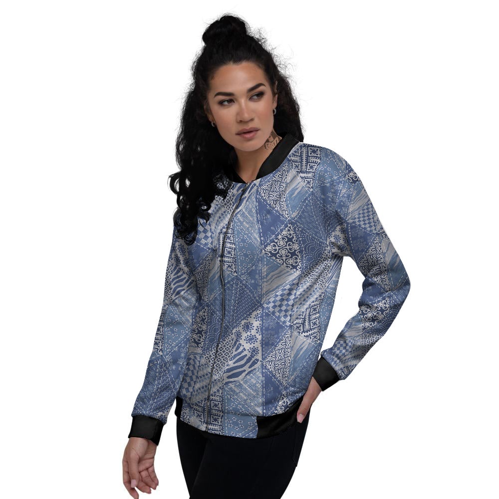 Patchwork Blue Denim Print Pattern Women's Bomber Jacket-grizzshop