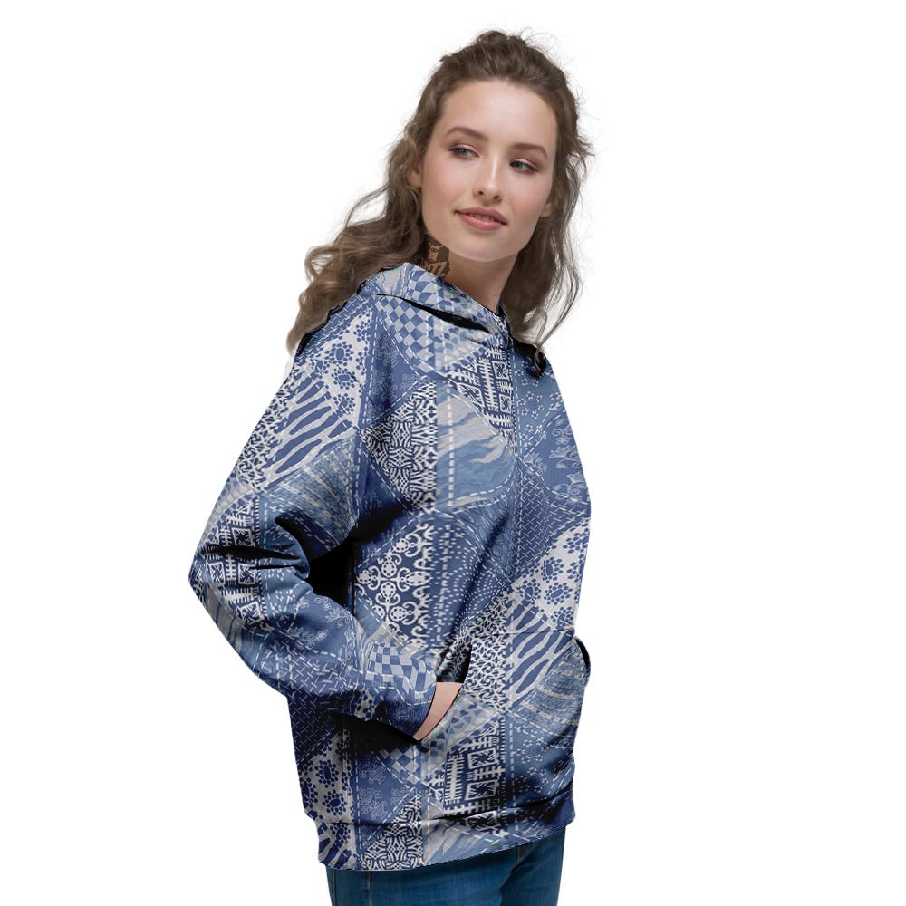 Patchwork Blue Denim Print Pattern Women's Hoodie-grizzshop
