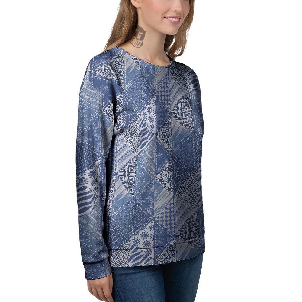 Patchwork Blue Denim Print Pattern Women's Sweatshirt-grizzshop
