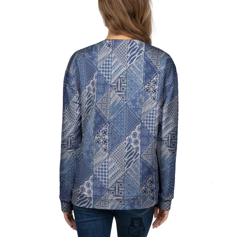 Patchwork Blue Denim Print Pattern Women's Sweatshirt-grizzshop