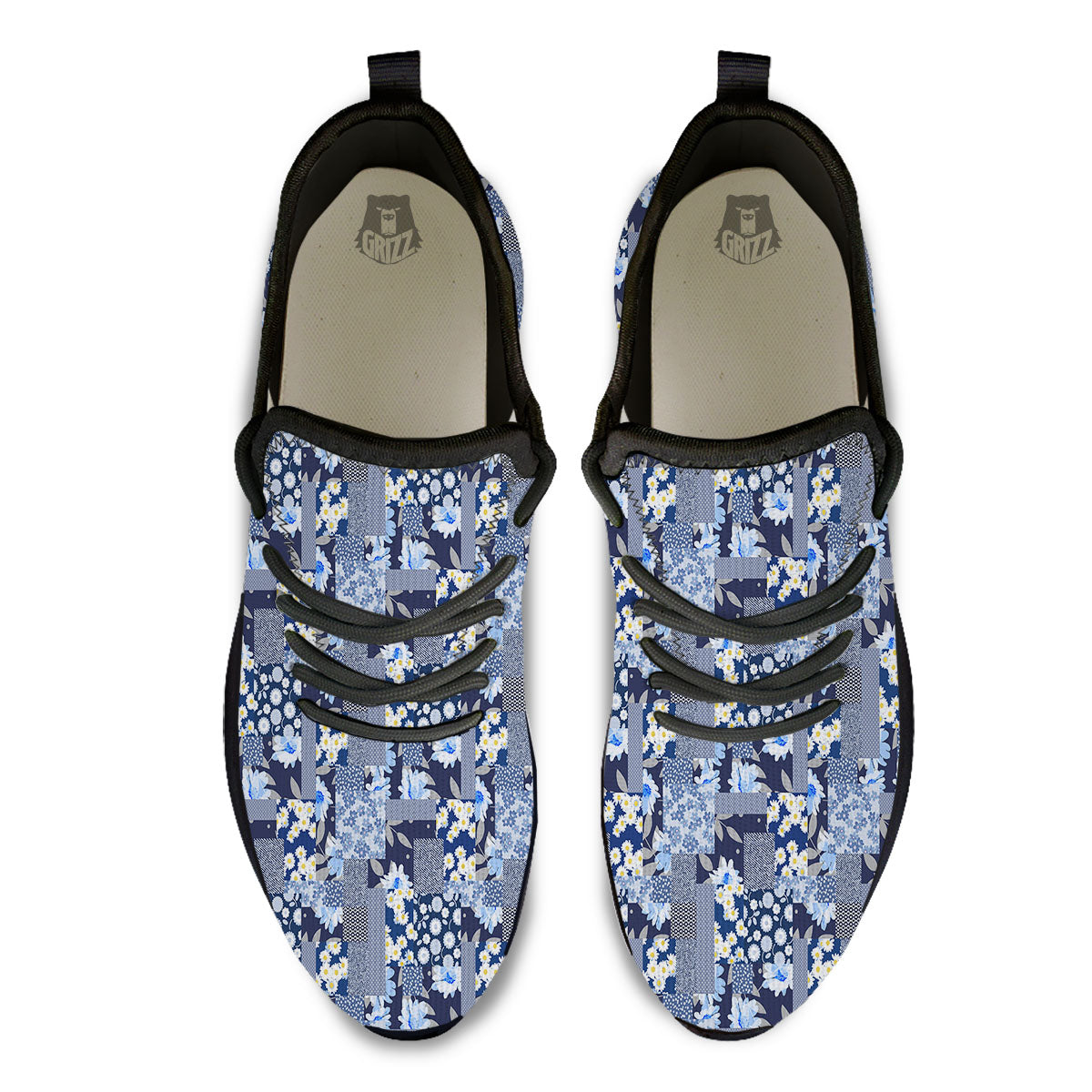 Patchwork Blue Floral Print Pattern Black Athletic Shoes-grizzshop