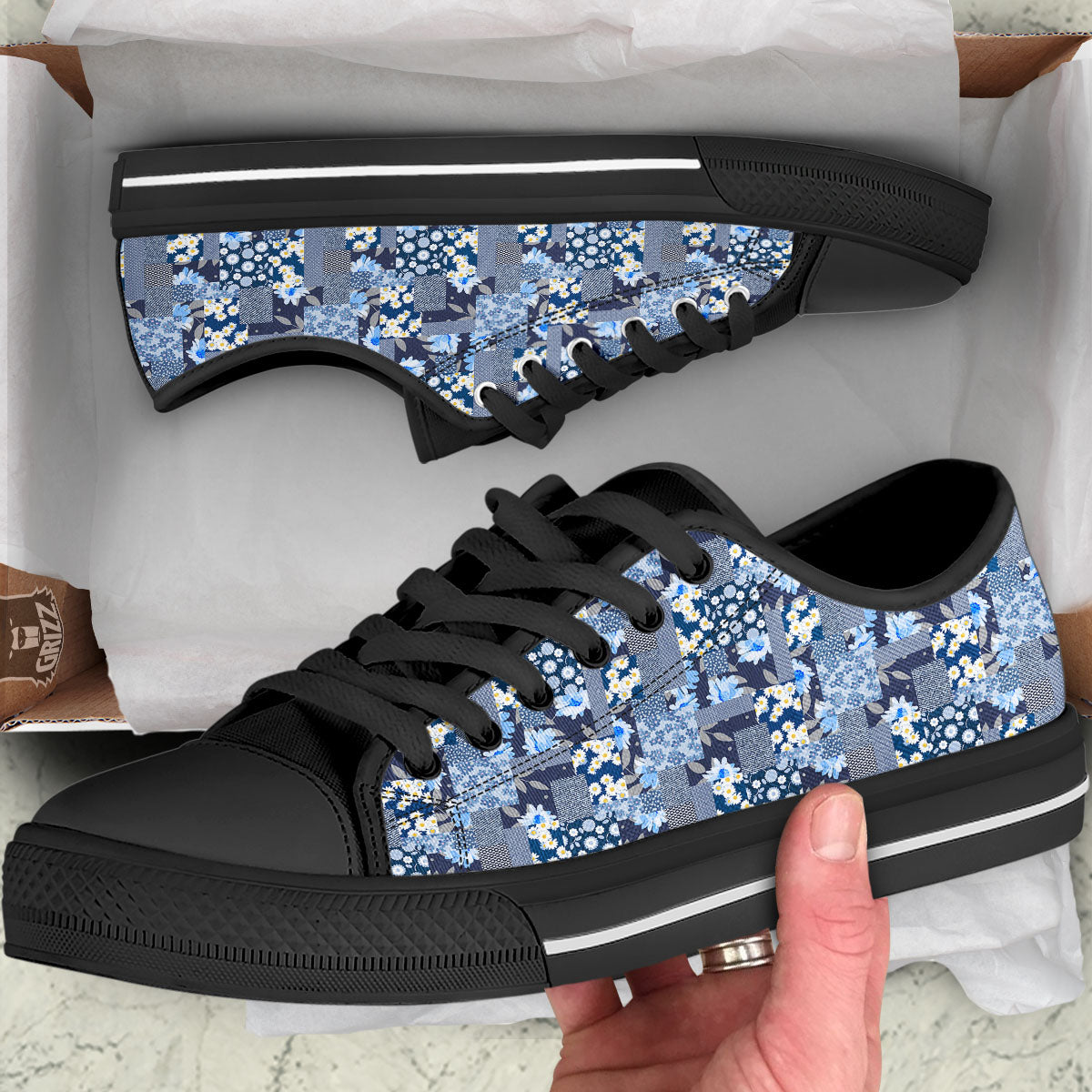 Patchwork Blue Floral Print Pattern Black Low Top Shoes-grizzshop
