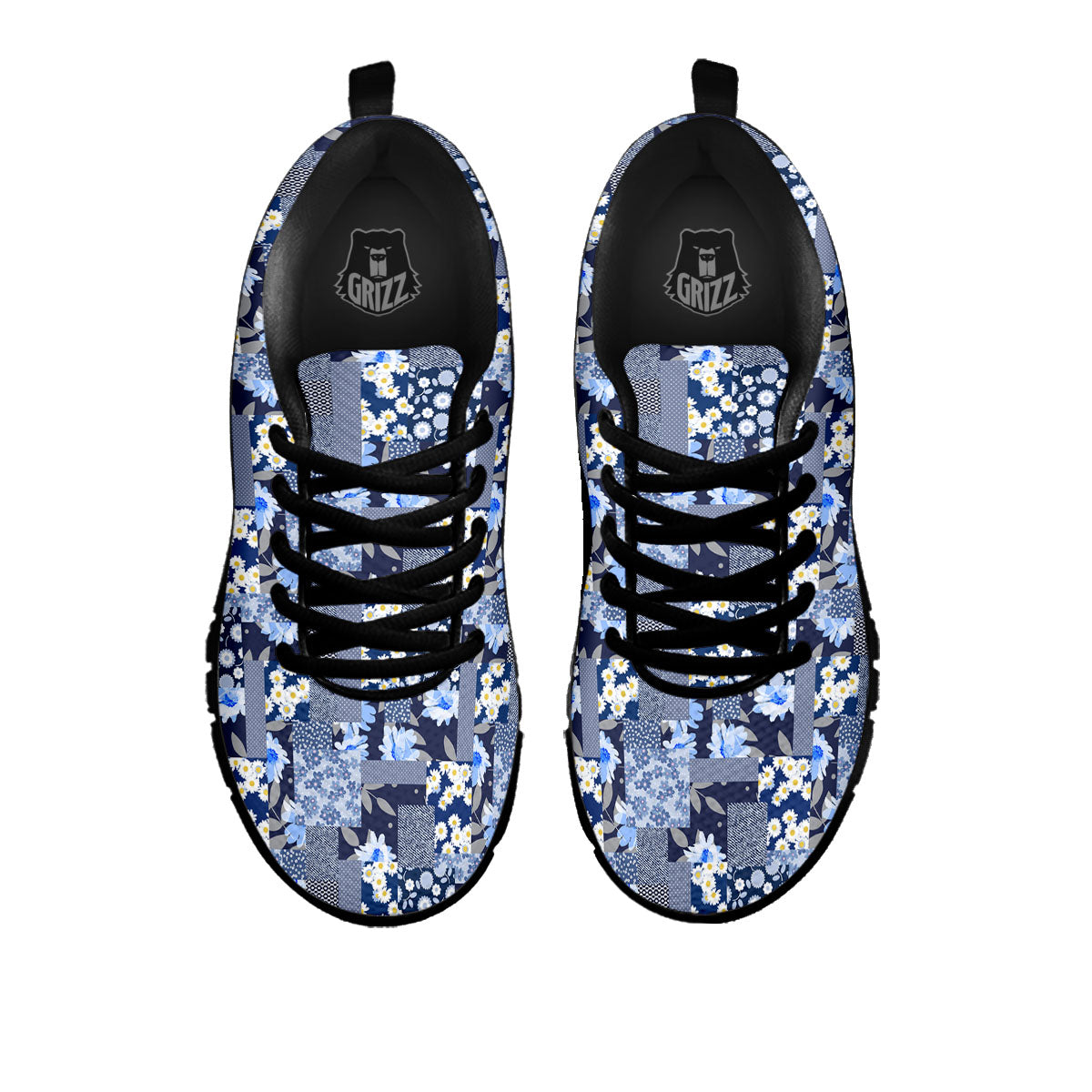 Patchwork Blue Floral Print Pattern Black Sneaker-grizzshop