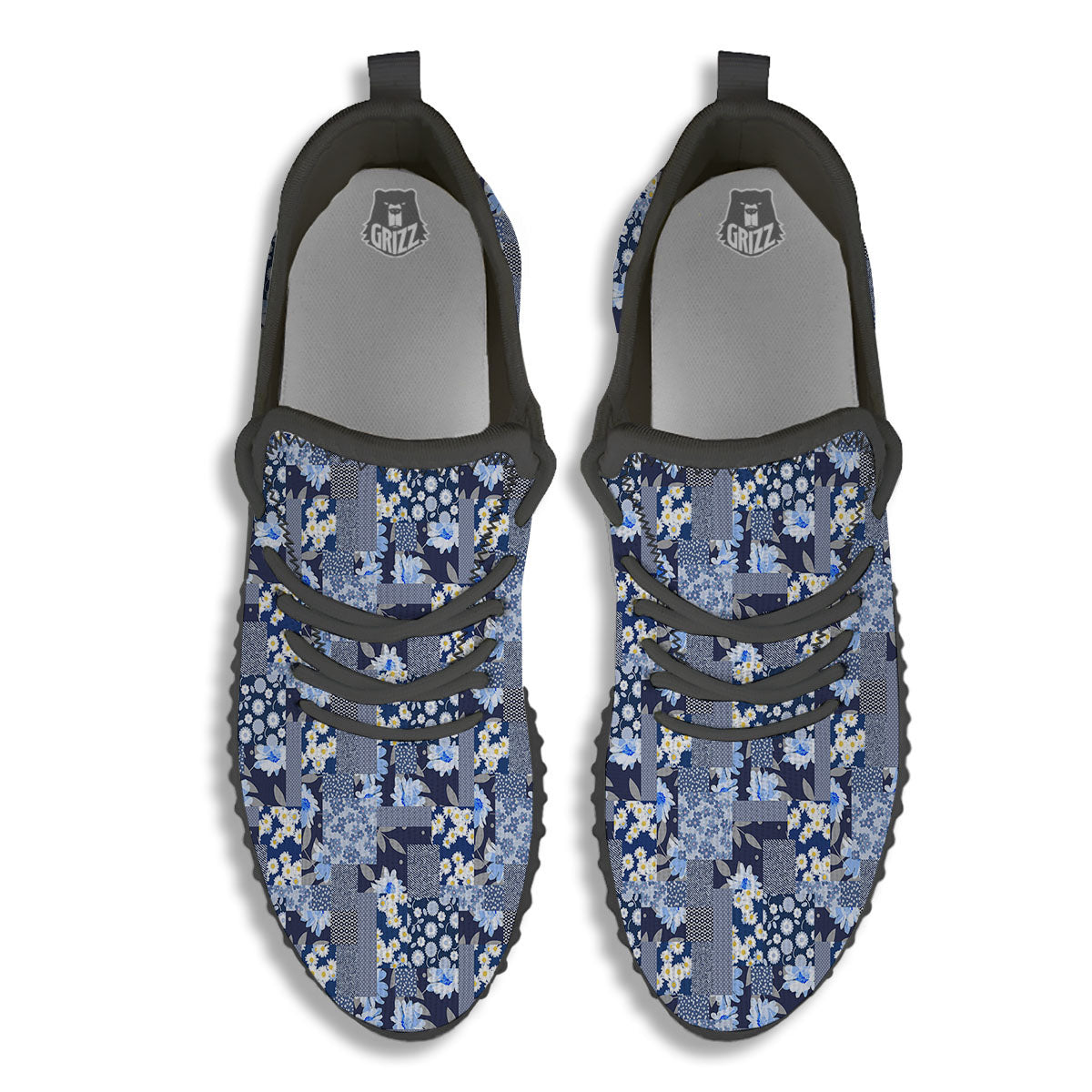 Patchwork Blue Floral Print Pattern Black Walking Shoes-grizzshop