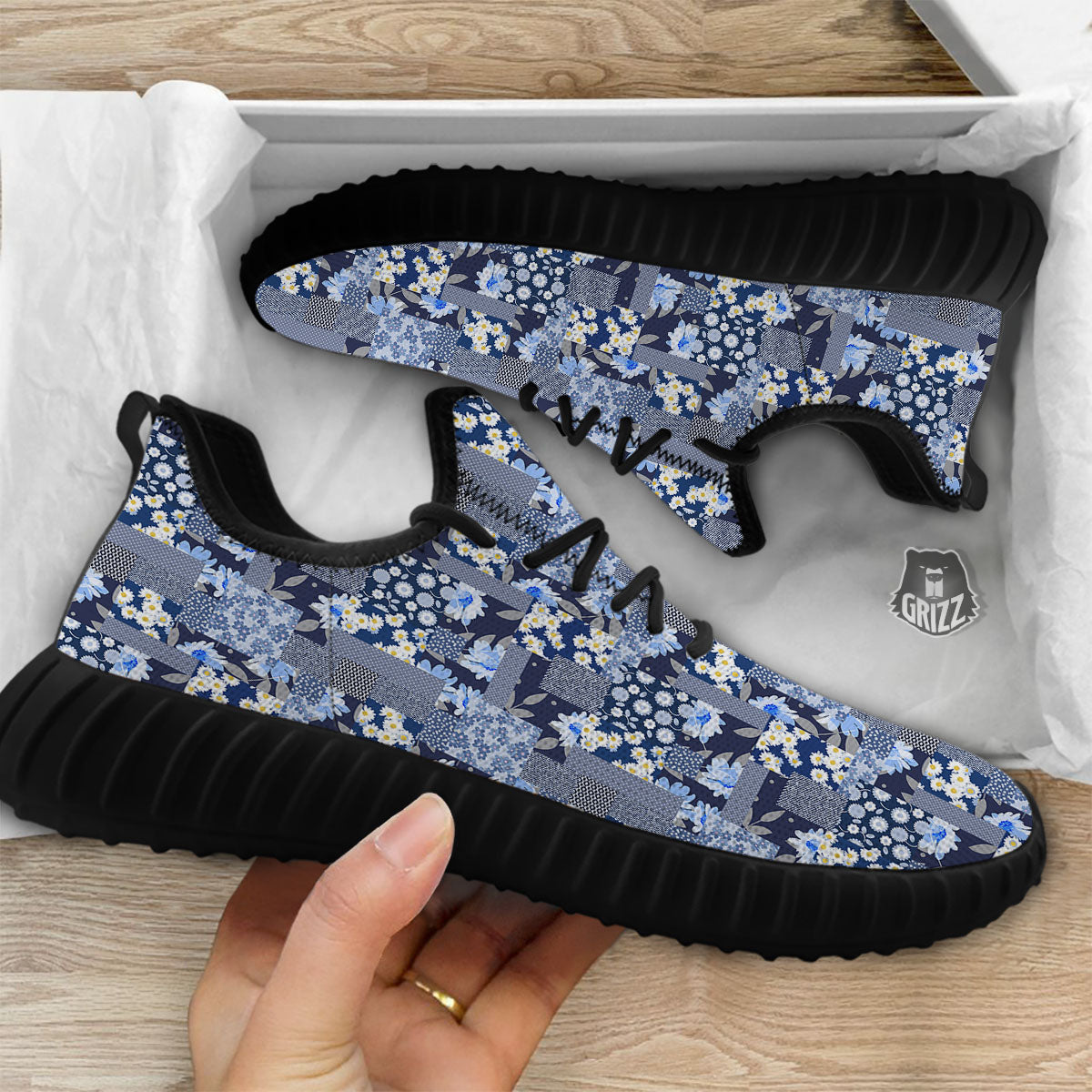 Patchwork Blue Floral Print Pattern Black Walking Shoes-grizzshop