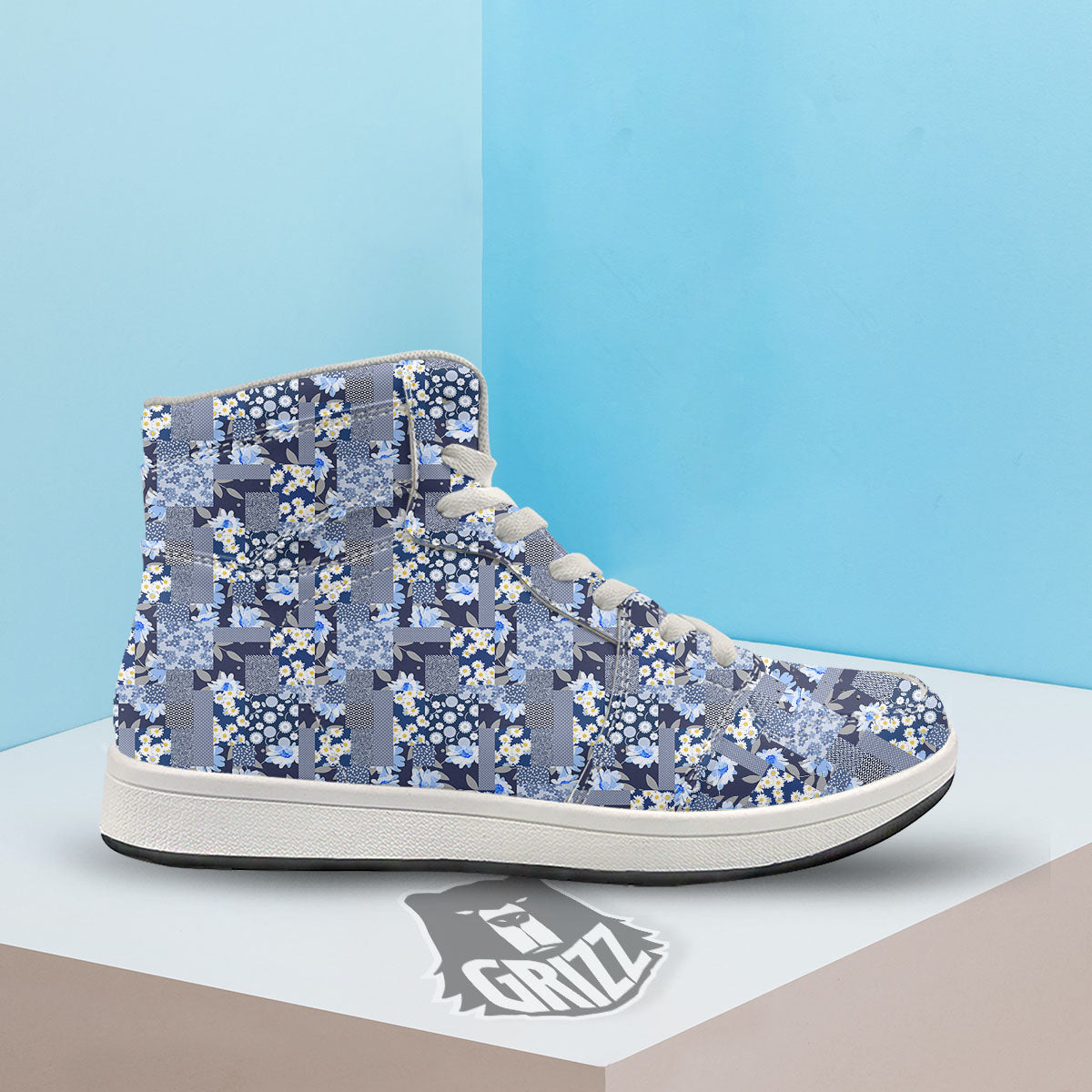Patchwork Blue Floral Print Pattern High Top Sneakers-grizzshop