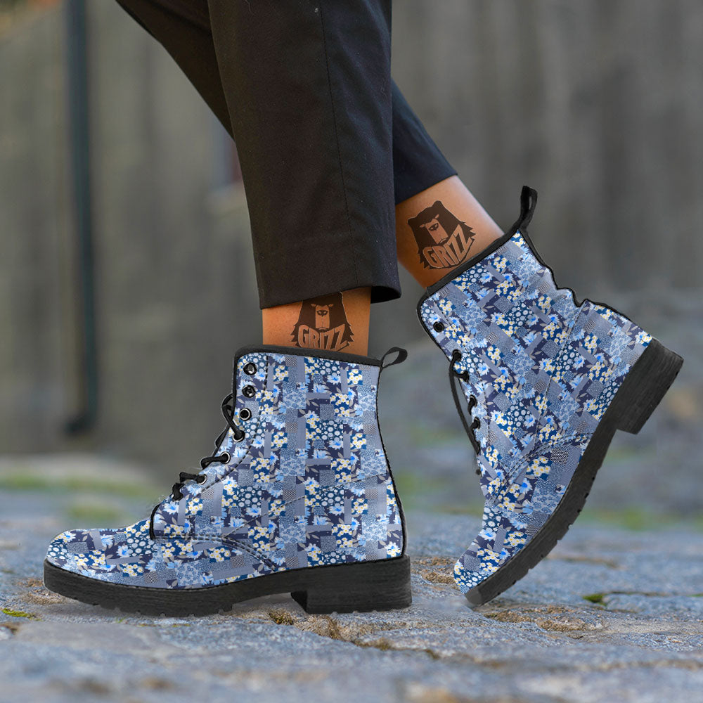 Patchwork Blue Floral Print Pattern Leather Boots-grizzshop