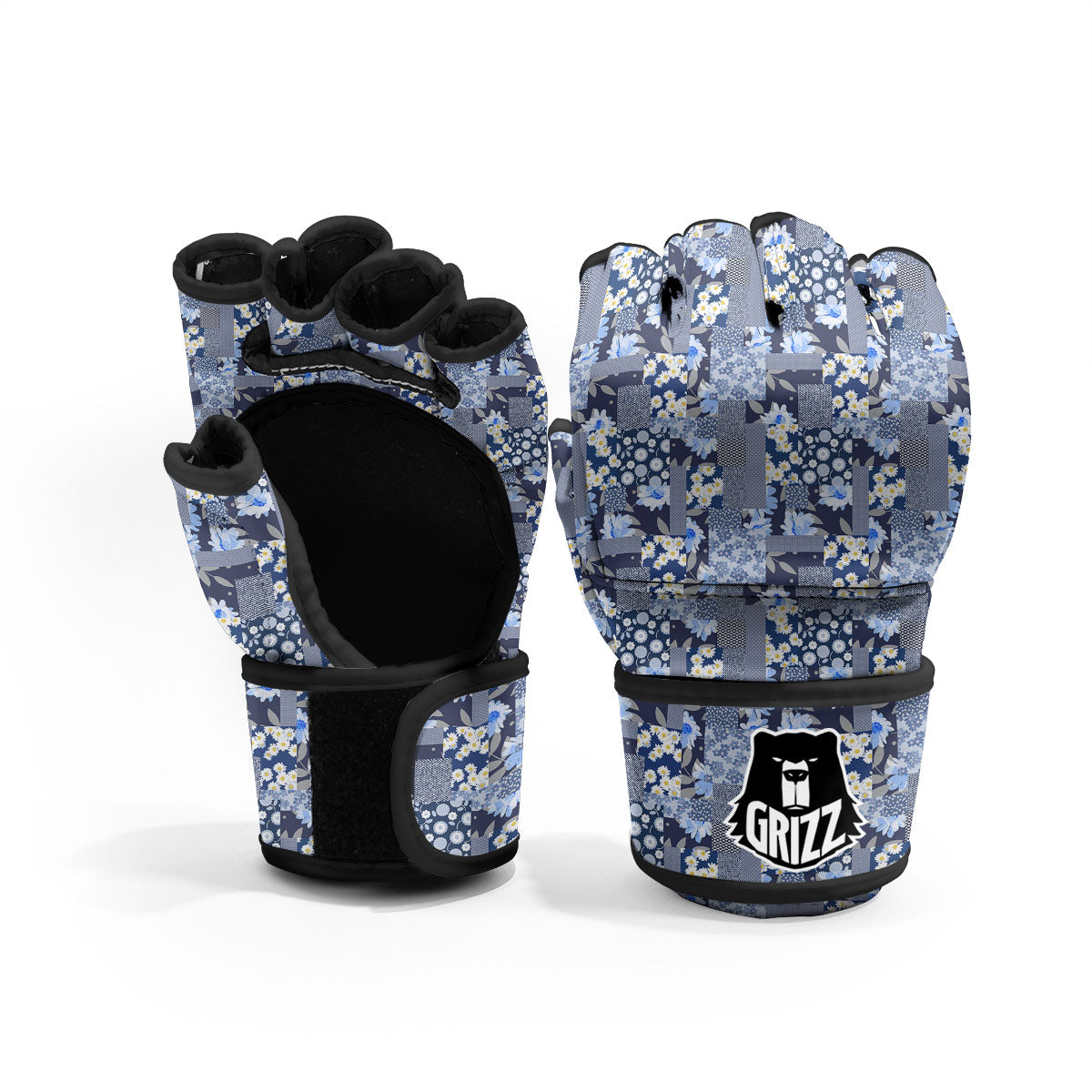 Patchwork Blue Floral Print Pattern MMA Gloves-grizzshop