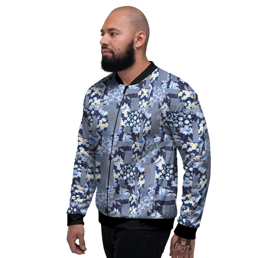Patchwork Blue Floral Print Pattern Men's Bomber Jacket-grizzshop