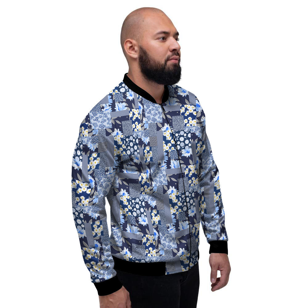 Patchwork Blue Floral Print Pattern Men's Bomber Jacket-grizzshop