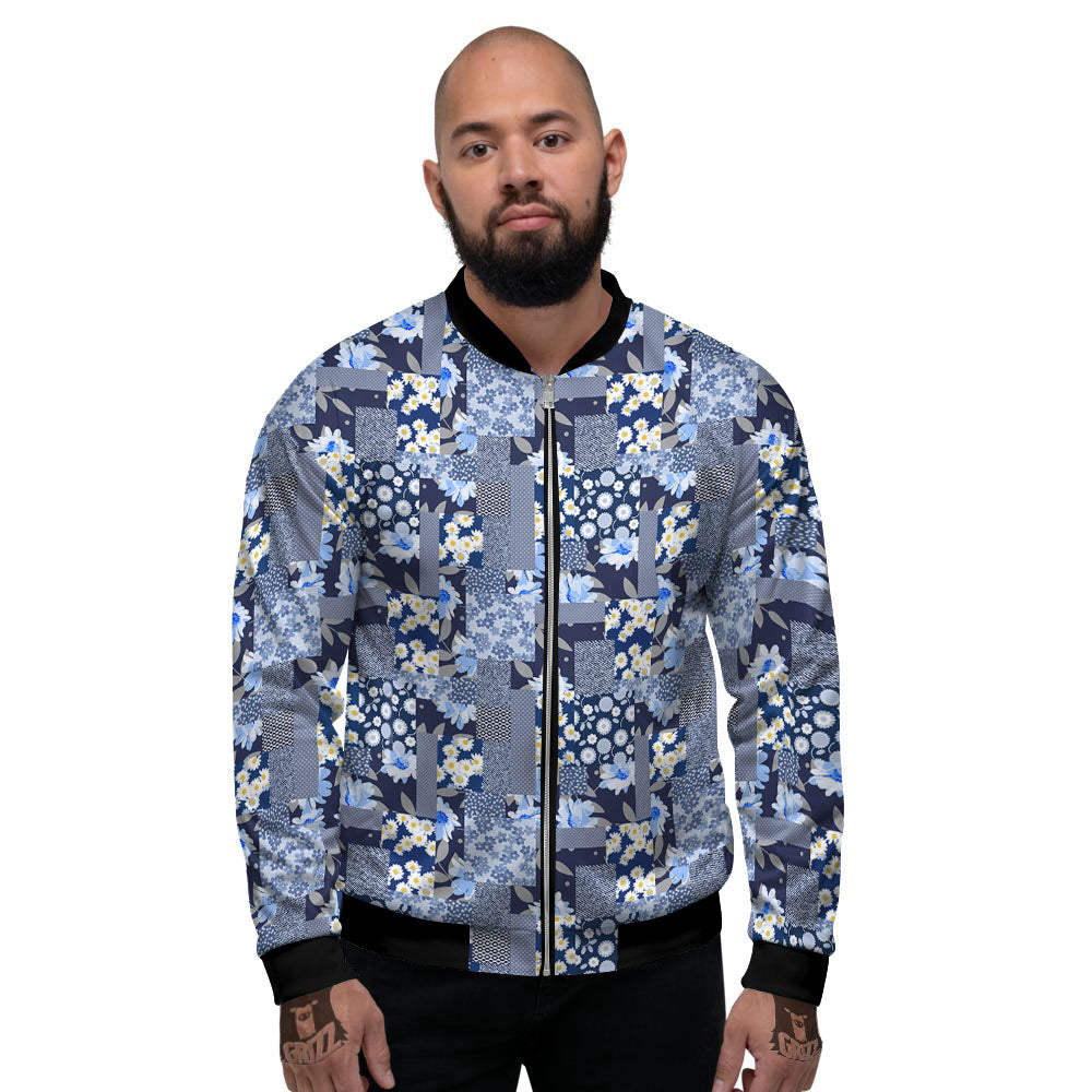 Patchwork Blue Floral Print Pattern Men's Bomber Jacket-grizzshop