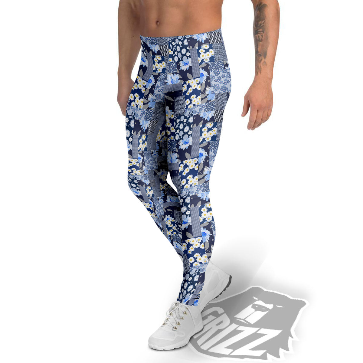 Patchwork Blue Floral Print Pattern Men's Leggings-grizzshop