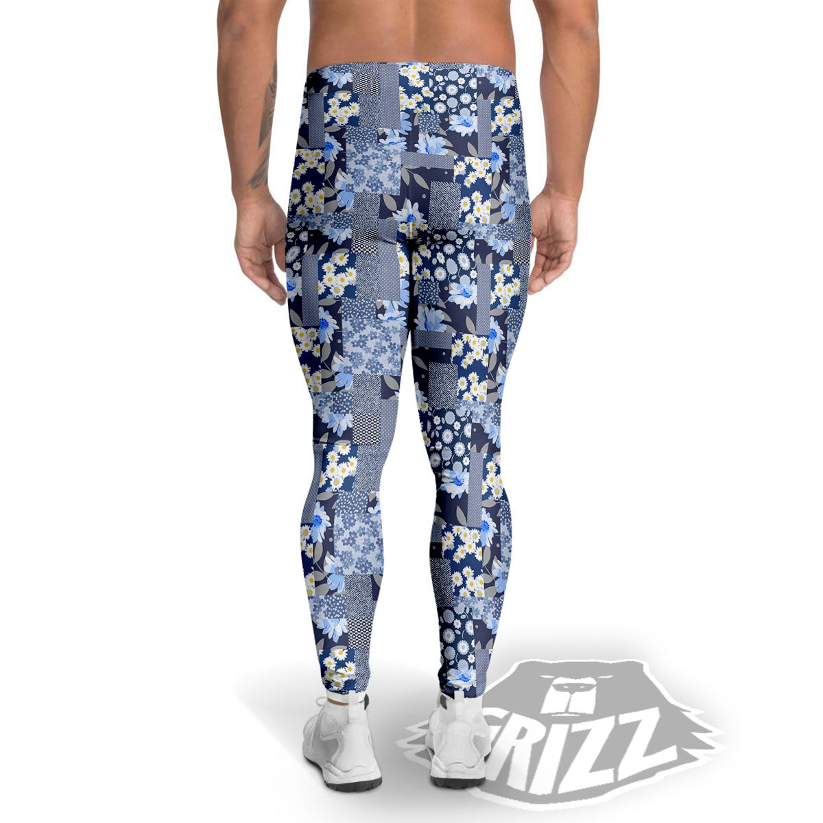 Patchwork Blue Floral Print Pattern Men's Leggings-grizzshop