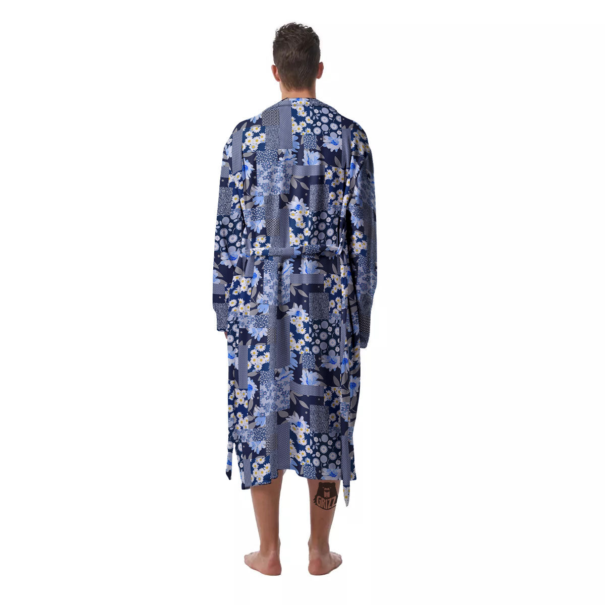 Patchwork Blue Floral Print Pattern Men's Robe-grizzshop