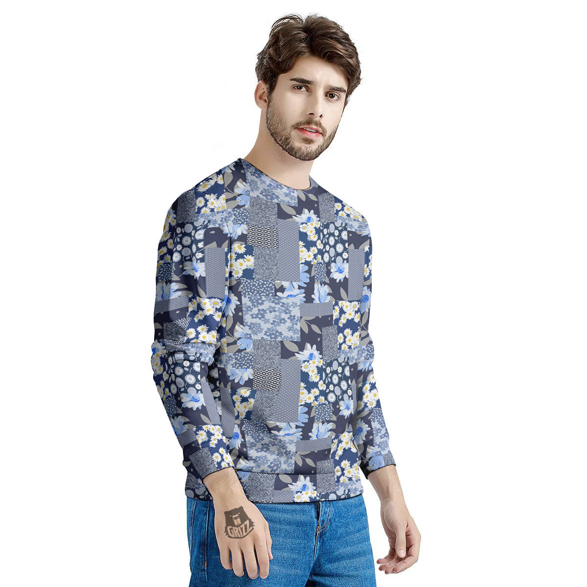 Patchwork Blue Floral Print Pattern Men's Sweatshirt-grizzshop