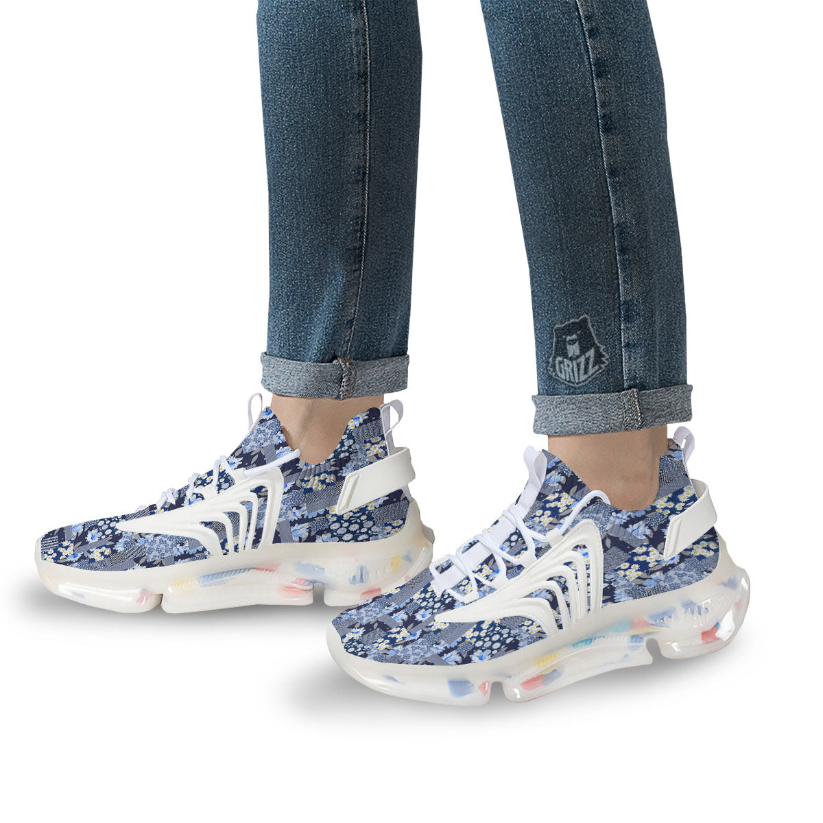 Patchwork Blue Floral Print Pattern White Gym Shoes-grizzshop