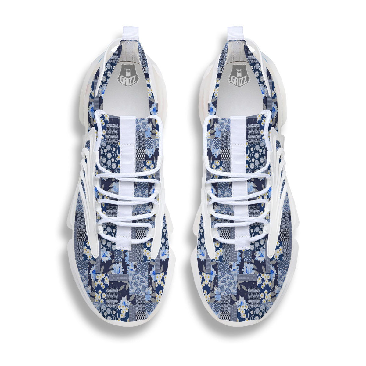 Patchwork Blue Floral Print Pattern White Gym Shoes-grizzshop