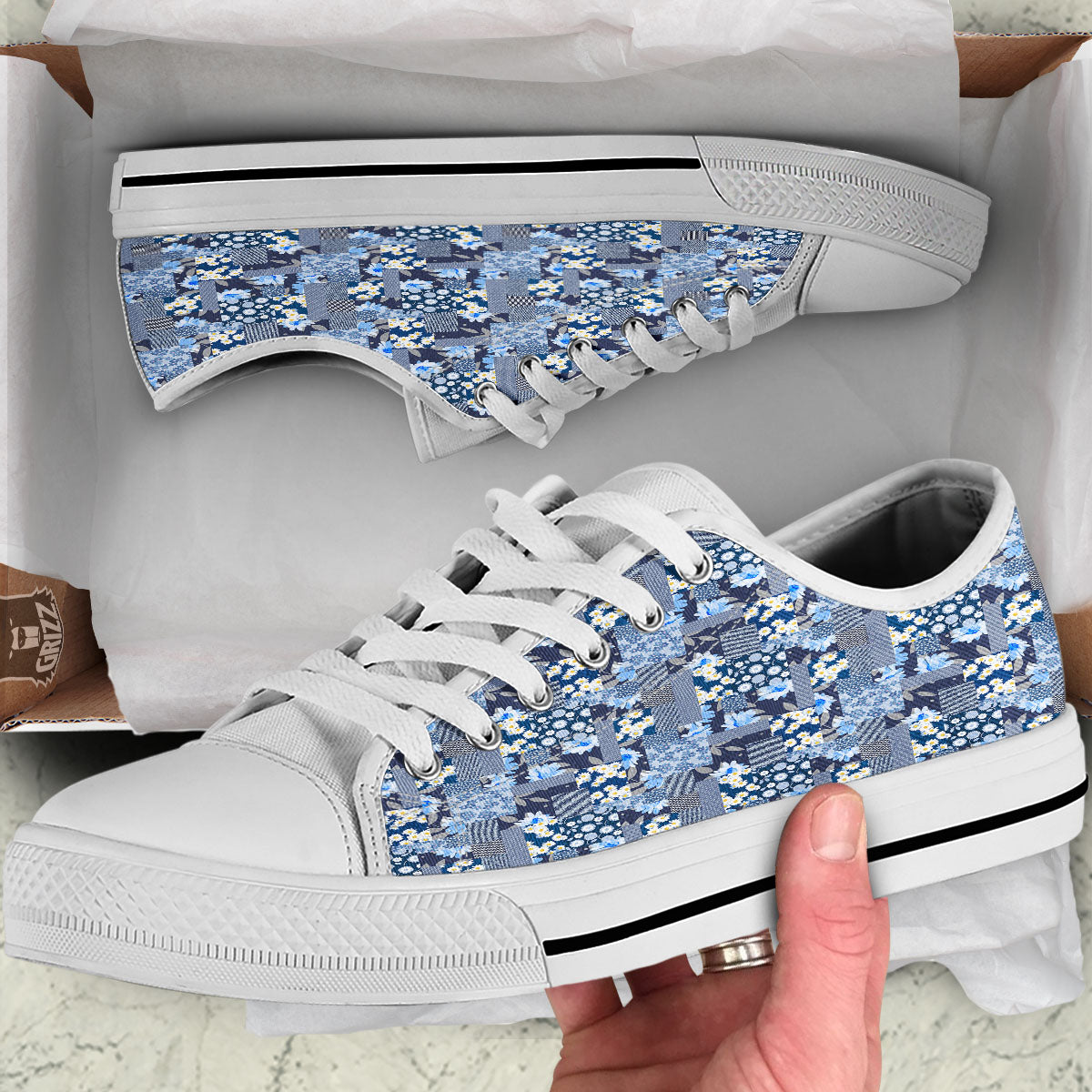 Patchwork Blue Floral Print Pattern White Low Top Shoes-grizzshop