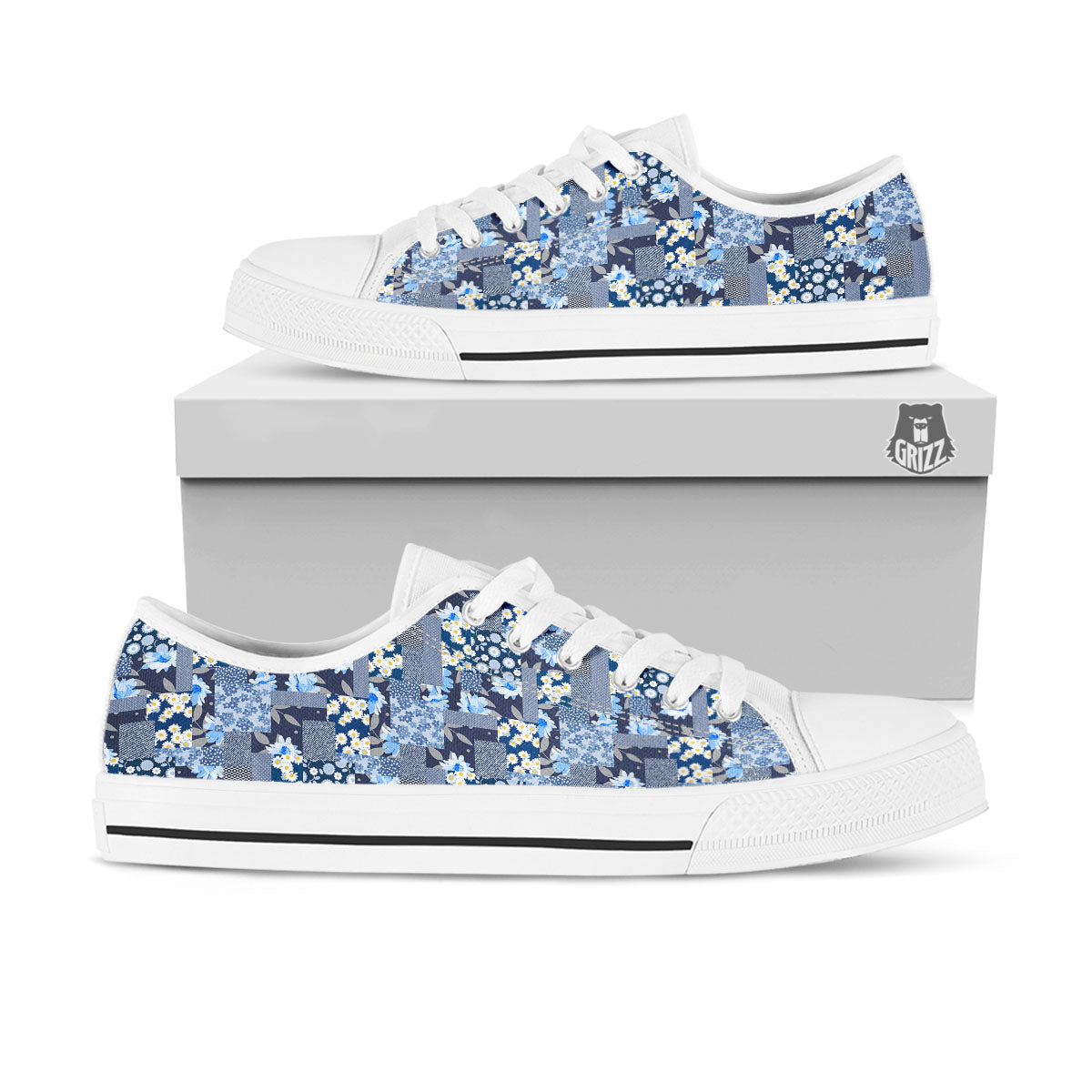 Patchwork Blue Floral Print Pattern White Low Top Shoes-grizzshop