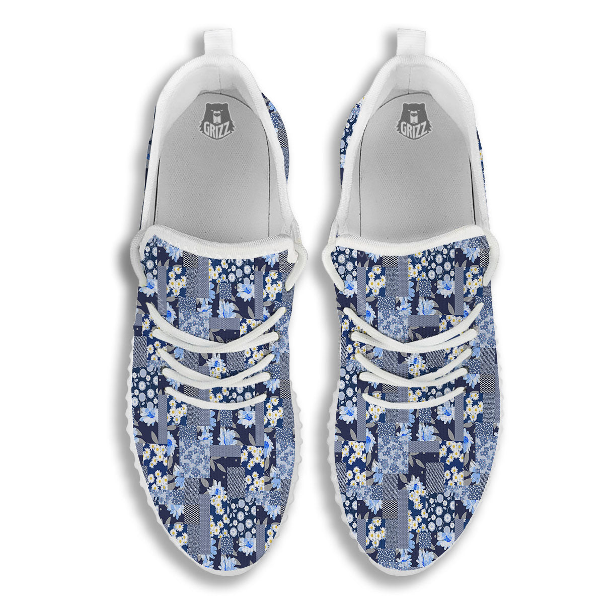 Patchwork Blue Floral Print Pattern White Walking Shoes-grizzshop