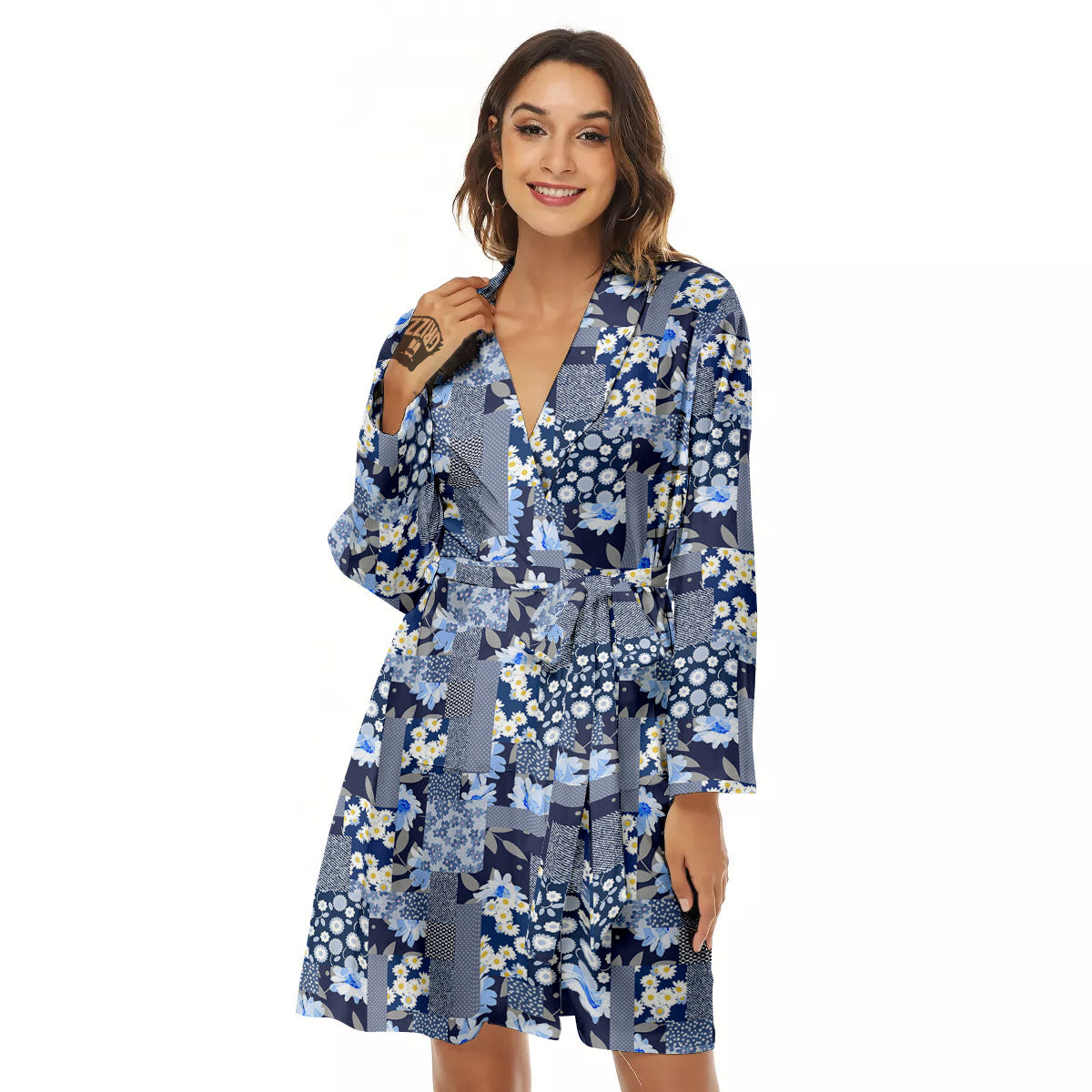 Patchwork Blue Floral Print Pattern Women's Robe-grizzshop