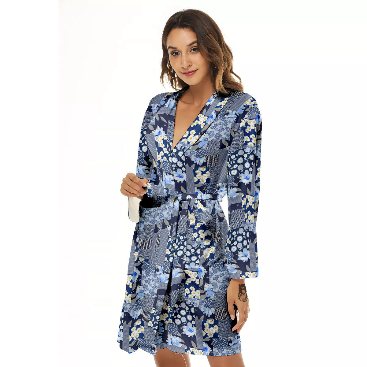 Patchwork Blue Floral Print Pattern Women's Robe-grizzshop