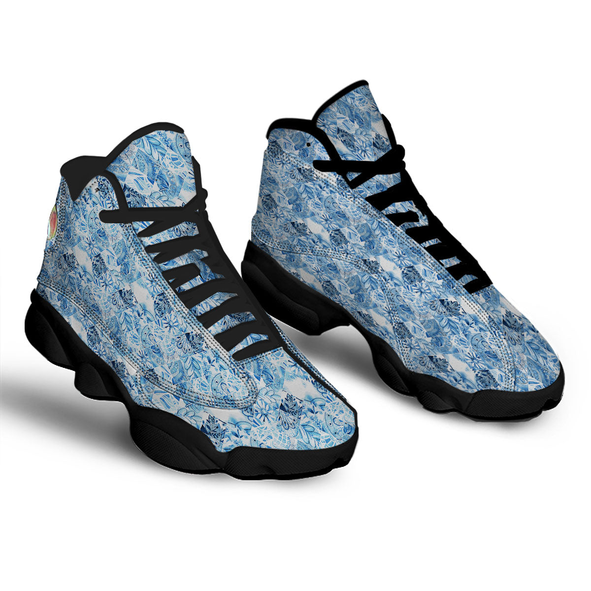 Patchwork Blue Flower Print Pattern Black Basketball Shoes-grizzshop
