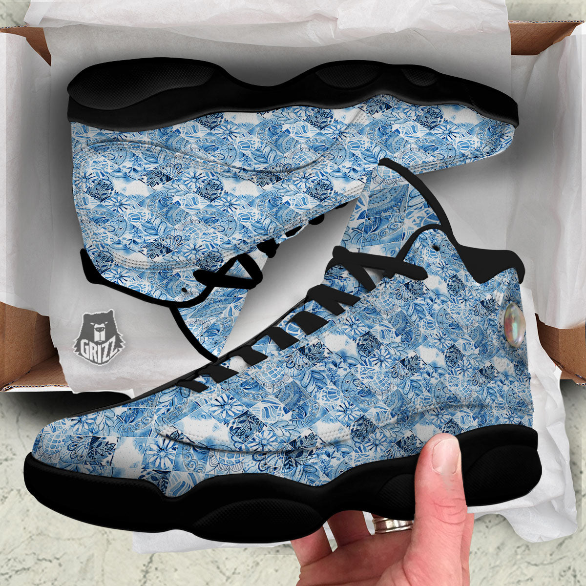 Patchwork Blue Flower Print Pattern Black Basketball Shoes-grizzshop