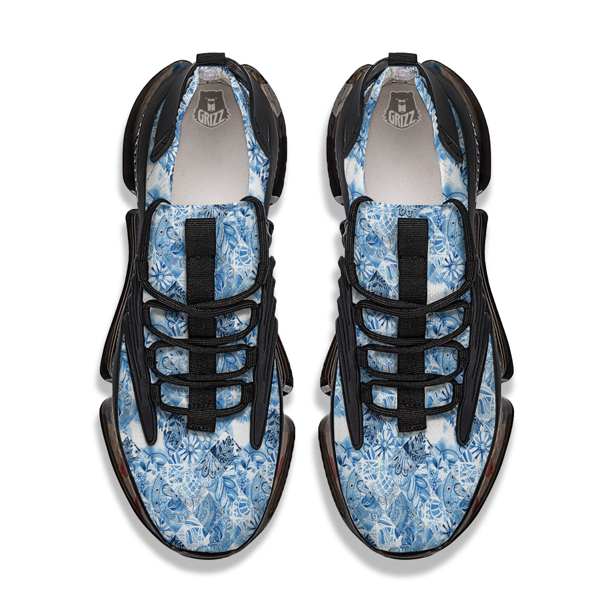 Patchwork Blue Flower Print Pattern Black Gym Shoes-grizzshop