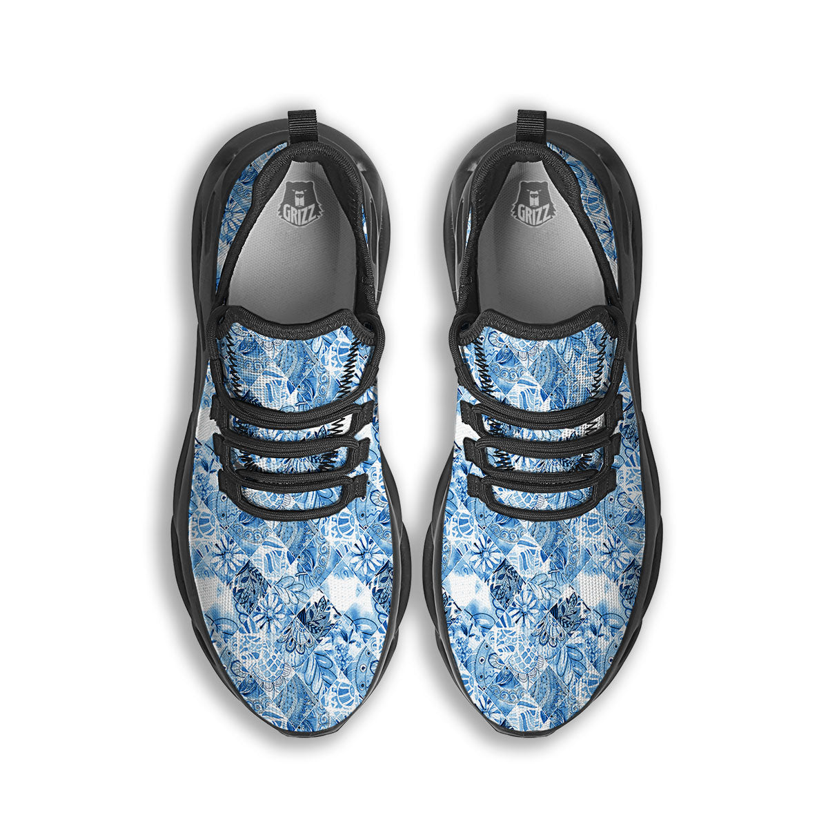 Patchwork Blue Flower Print Pattern Black Running Shoes-grizzshop