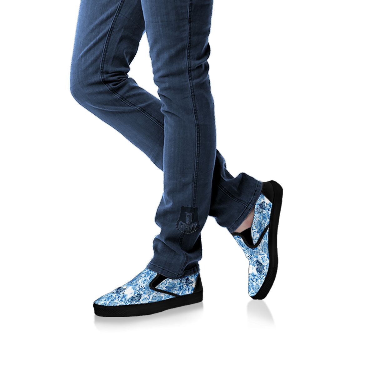 Patchwork Blue Flower Print Pattern Black Slip On Shoes-grizzshop