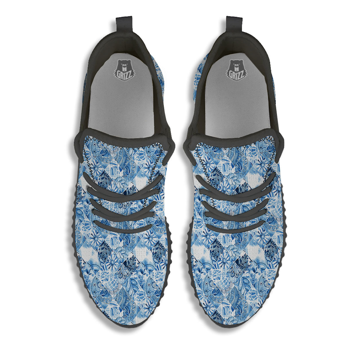 Patchwork Blue Flower Print Pattern Black Walking Shoes-grizzshop