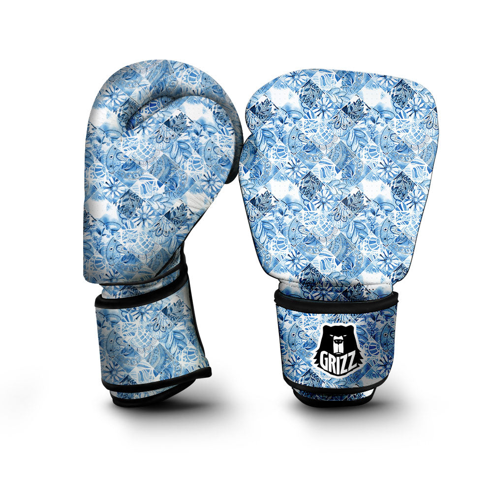 Patchwork Blue Flower Print Pattern Boxing Gloves-grizzshop