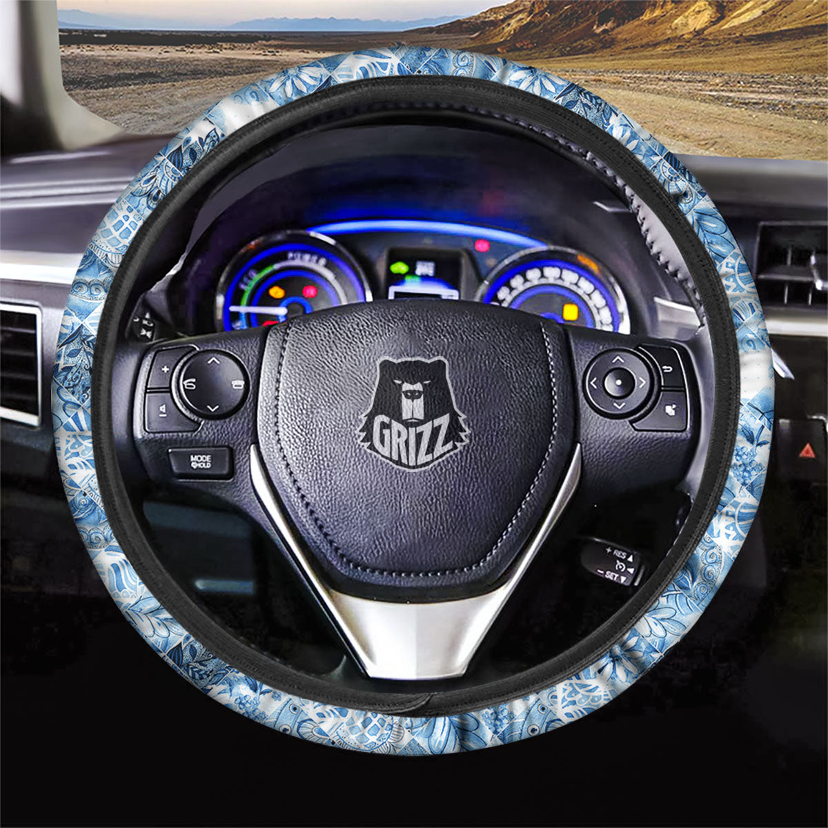 Patchwork Blue Flower Print Pattern Car Steering Wheel Cover-grizzshop