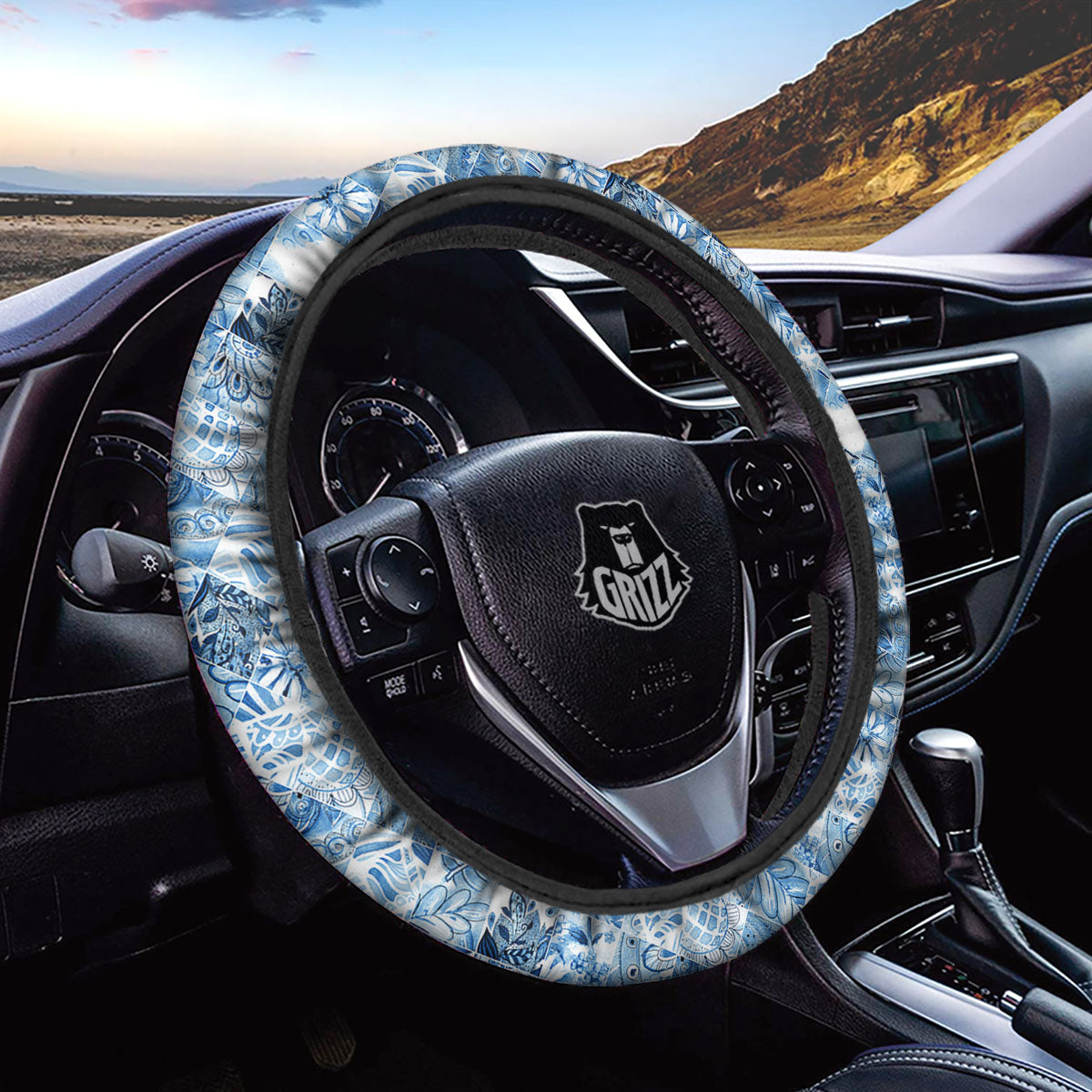 Patchwork Blue Flower Print Pattern Car Steering Wheel Cover-grizzshop