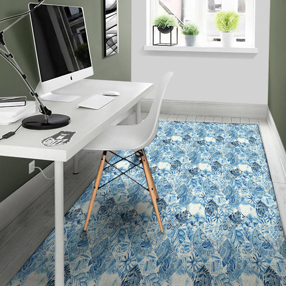 Patchwork Blue Flower Print Pattern Floor Mat-grizzshop