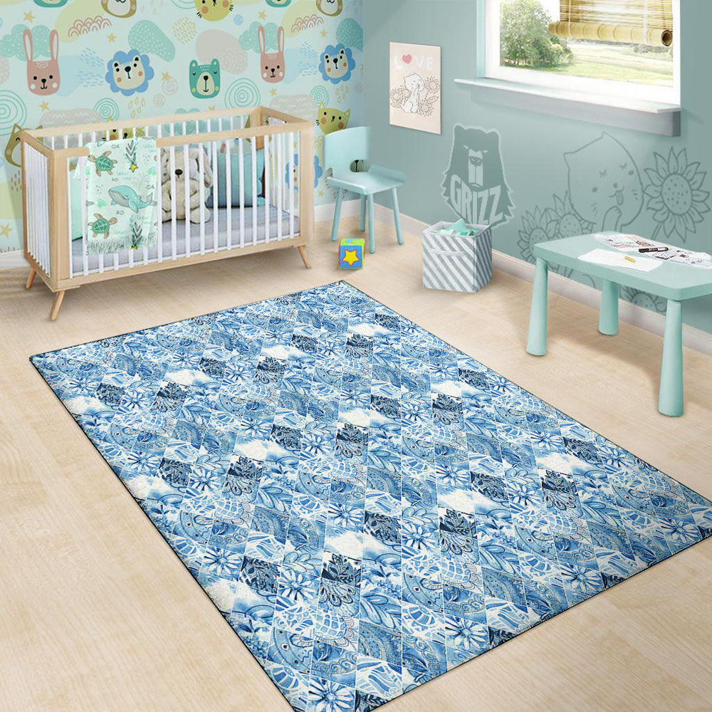 Patchwork Blue Flower Print Pattern Floor Mat-grizzshop