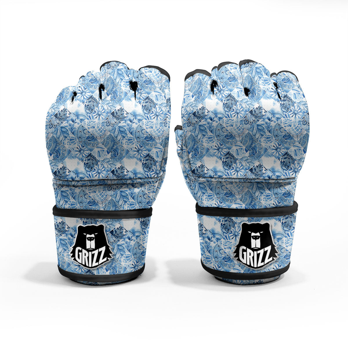 Patchwork Blue Flower Print Pattern MMA Gloves-grizzshop