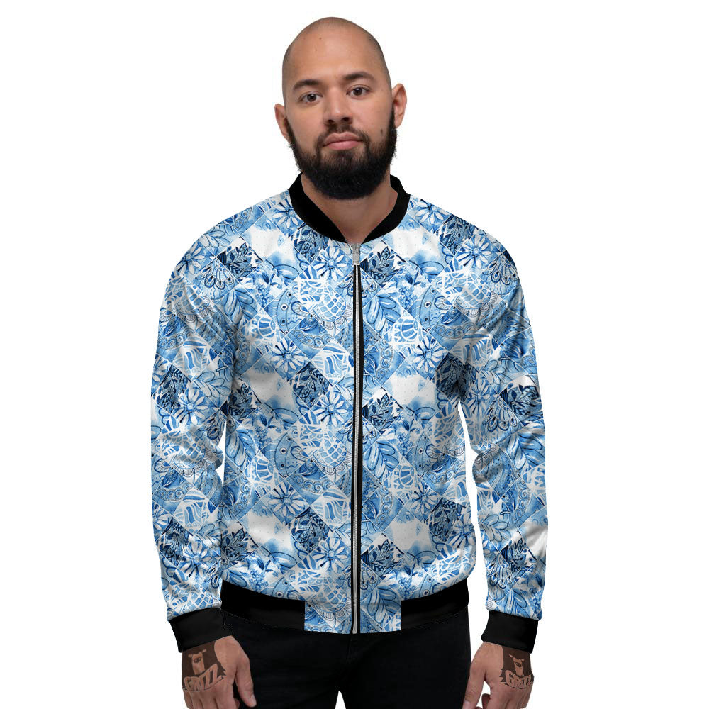 Patchwork Blue Flower Print Pattern Men's Bomber Jacket-grizzshop