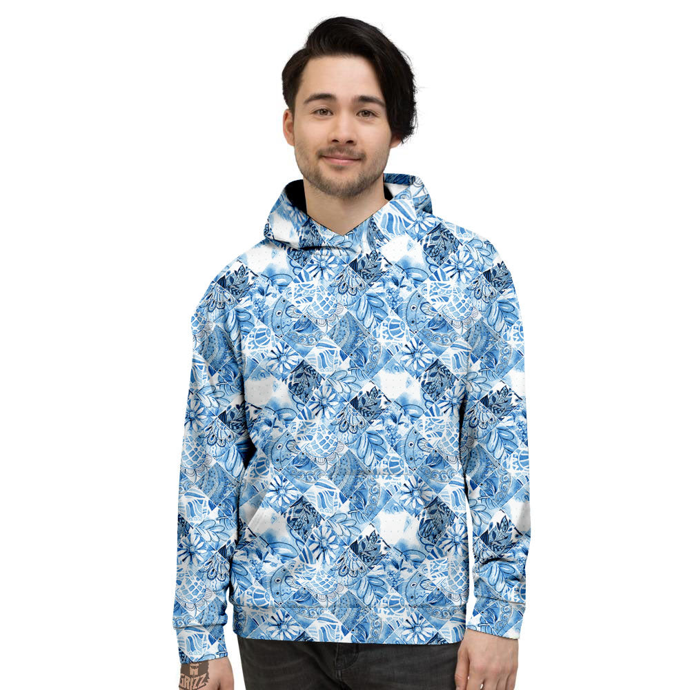 Patchwork Blue Flower Print Pattern Men's Hoodie-grizzshop