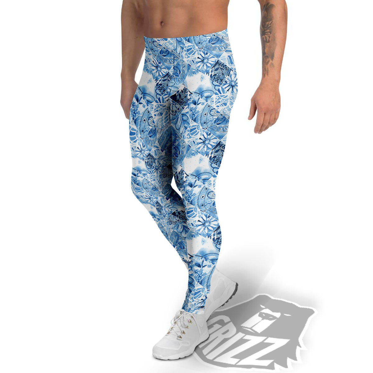 Patchwork Blue Flower Print Pattern Men's Leggings-grizzshop