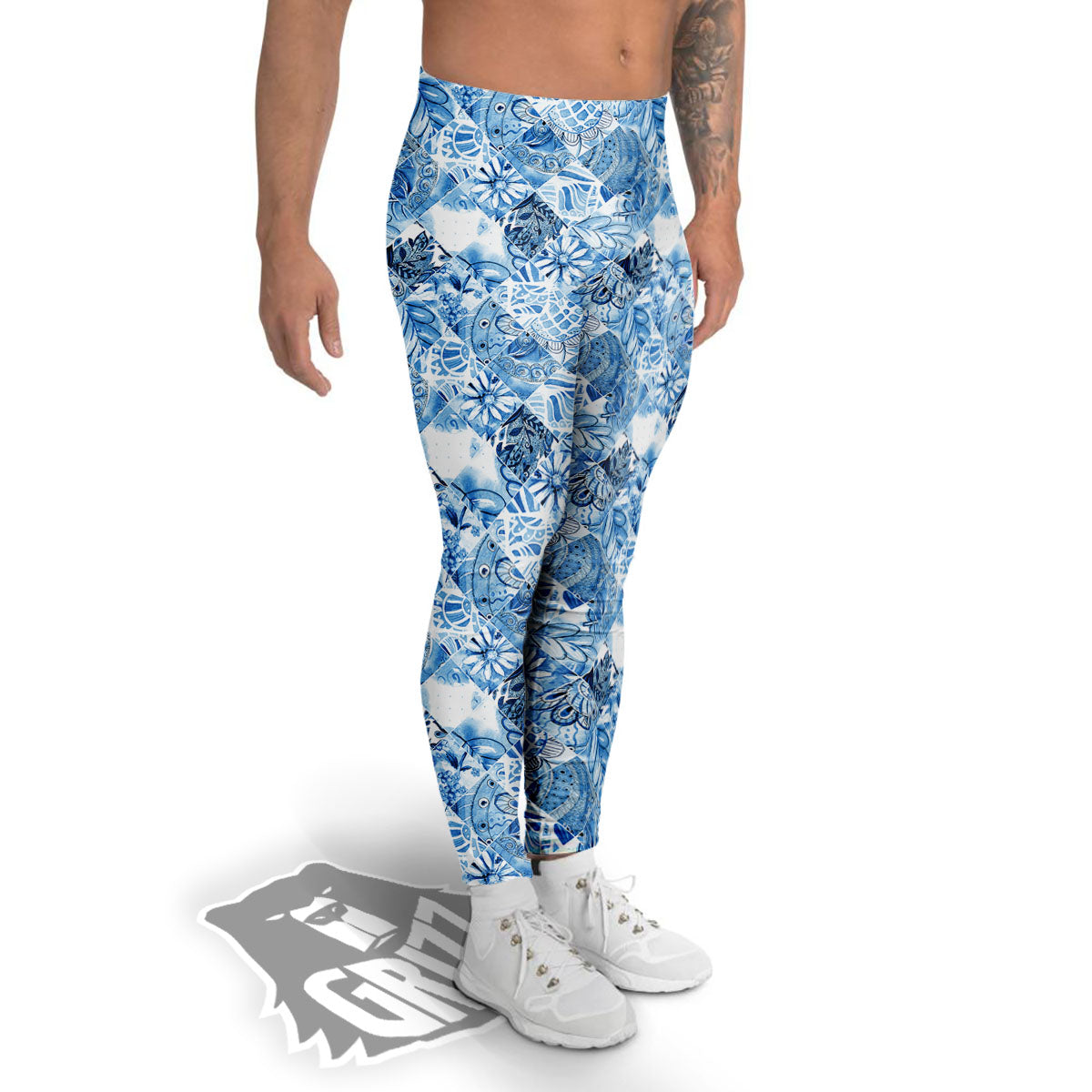 Patchwork Blue Flower Print Pattern Men's Leggings-grizzshop