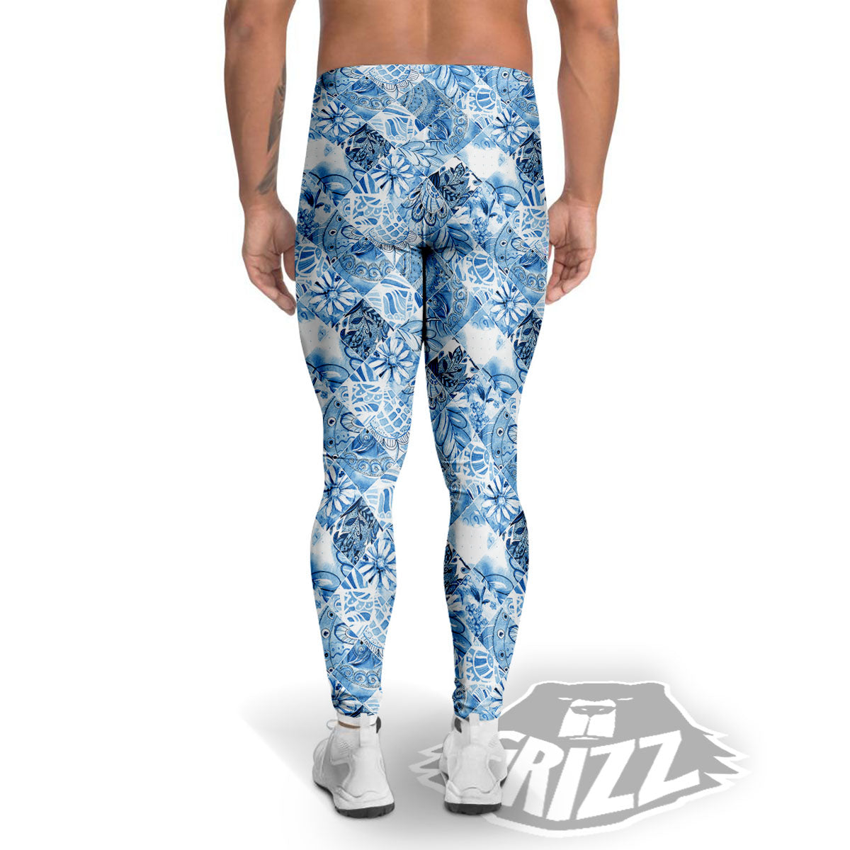 Patchwork Blue Flower Print Pattern Men's Leggings-grizzshop